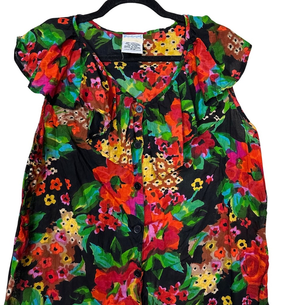 Vintage 90s Cotton Backyard Blues Floral Printed Ruffled Shoulder Sleeveless Top - Picture 2 of 7